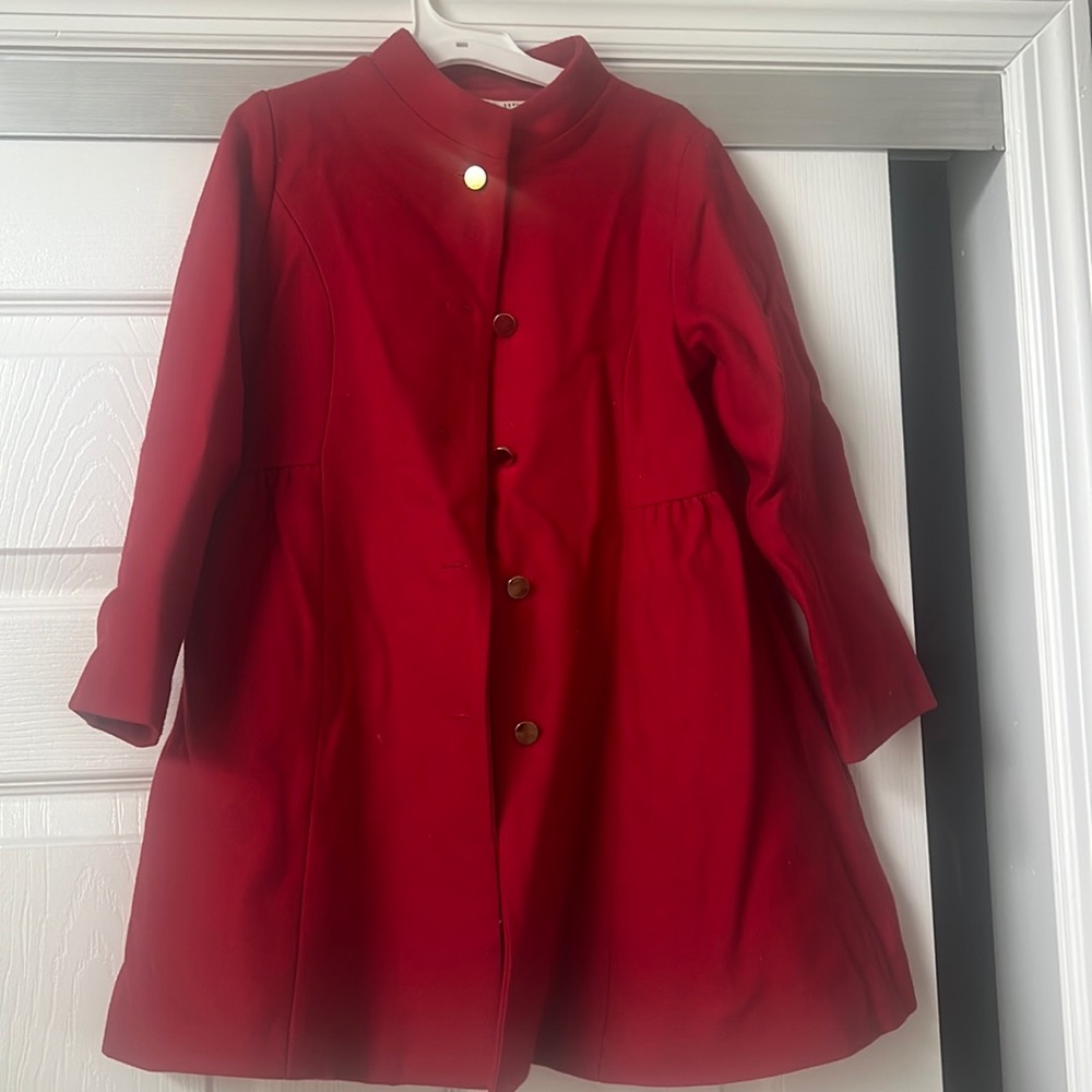 Hope and Henry red wool coat with red button detail and bow in the back